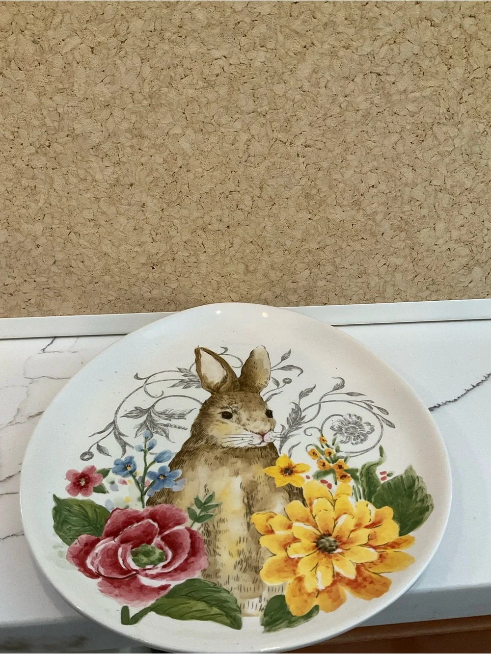 Floral Bunny Ceramic Serving Plate - White with Multicolor Floral Design